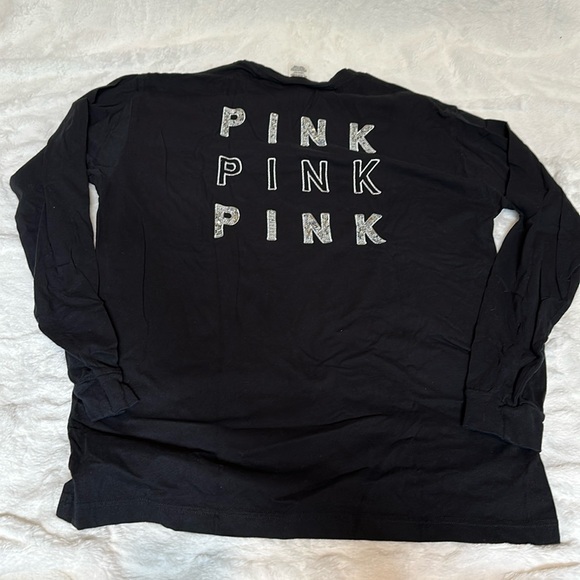 Victoria’s Secret PINK LS SHIRT Sz L Black Bling Logo Back - Zebra Pocket Front - Picture 1 of 7